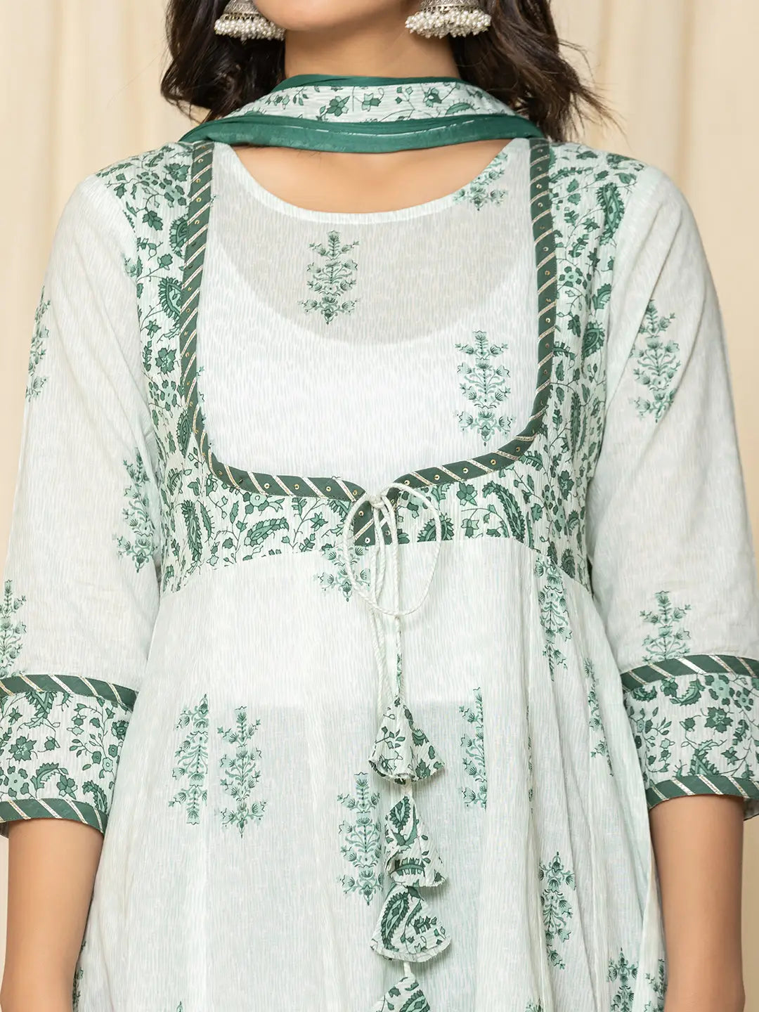 Green Sequins Work Cotton Anarkali Kurta And Trouser With Dupatta Set