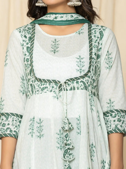 Green Sequins Work Cotton Anarkali Kurta And Trouser With Dupatta Set