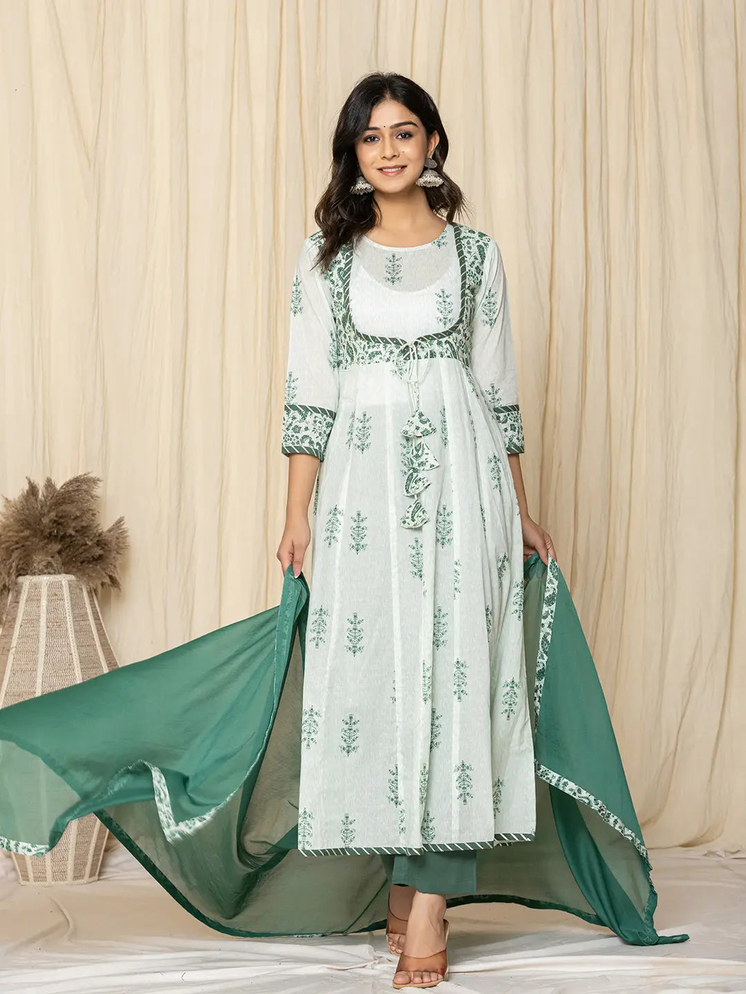 Green Sequins Work Cotton Anarkali Kurta And Trouser With Dupatta Set