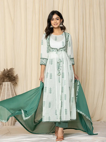 Green Sequins Work Cotton Anarkali Kurta And Trouser With Dupatta Set