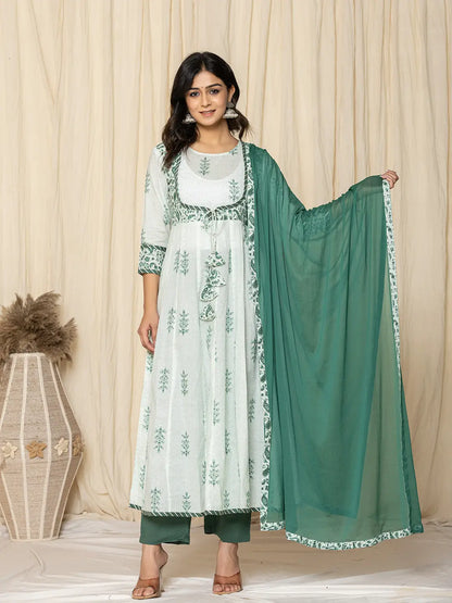 Green Sequins Work Cotton Anarkali Kurta And Trouser With Dupatta Set