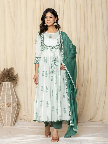 Green Sequins Work Cotton Anarkali Kurta And Trouser With Dupatta Set
