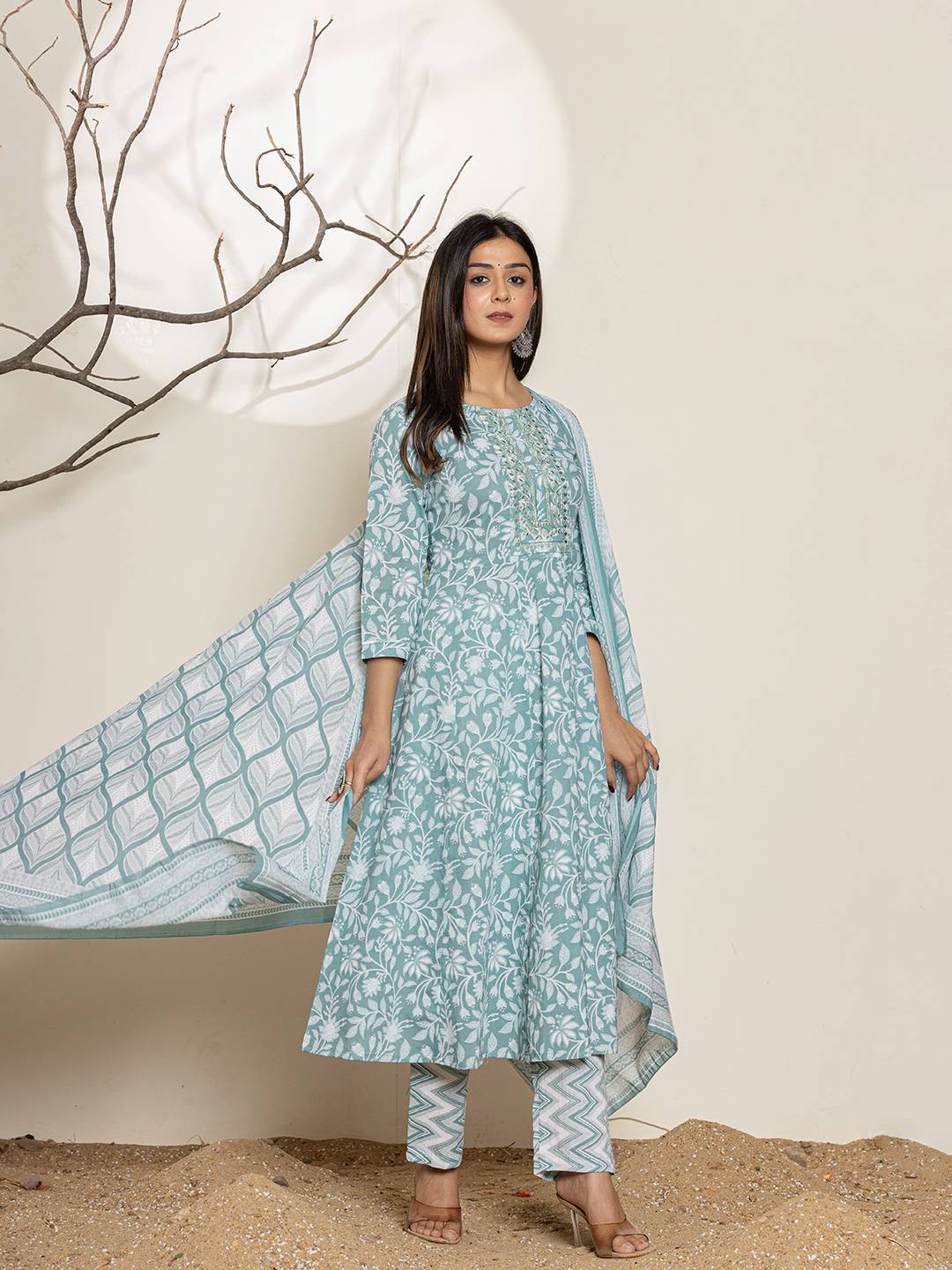 Green Sequins Workthread Work Cotton Anarkali Kurta And Trouser With Dupatta