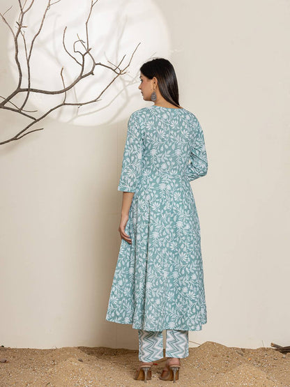 Green Sequins Workthread Work Cotton Anarkali Kurta And Trouser With Dupatta