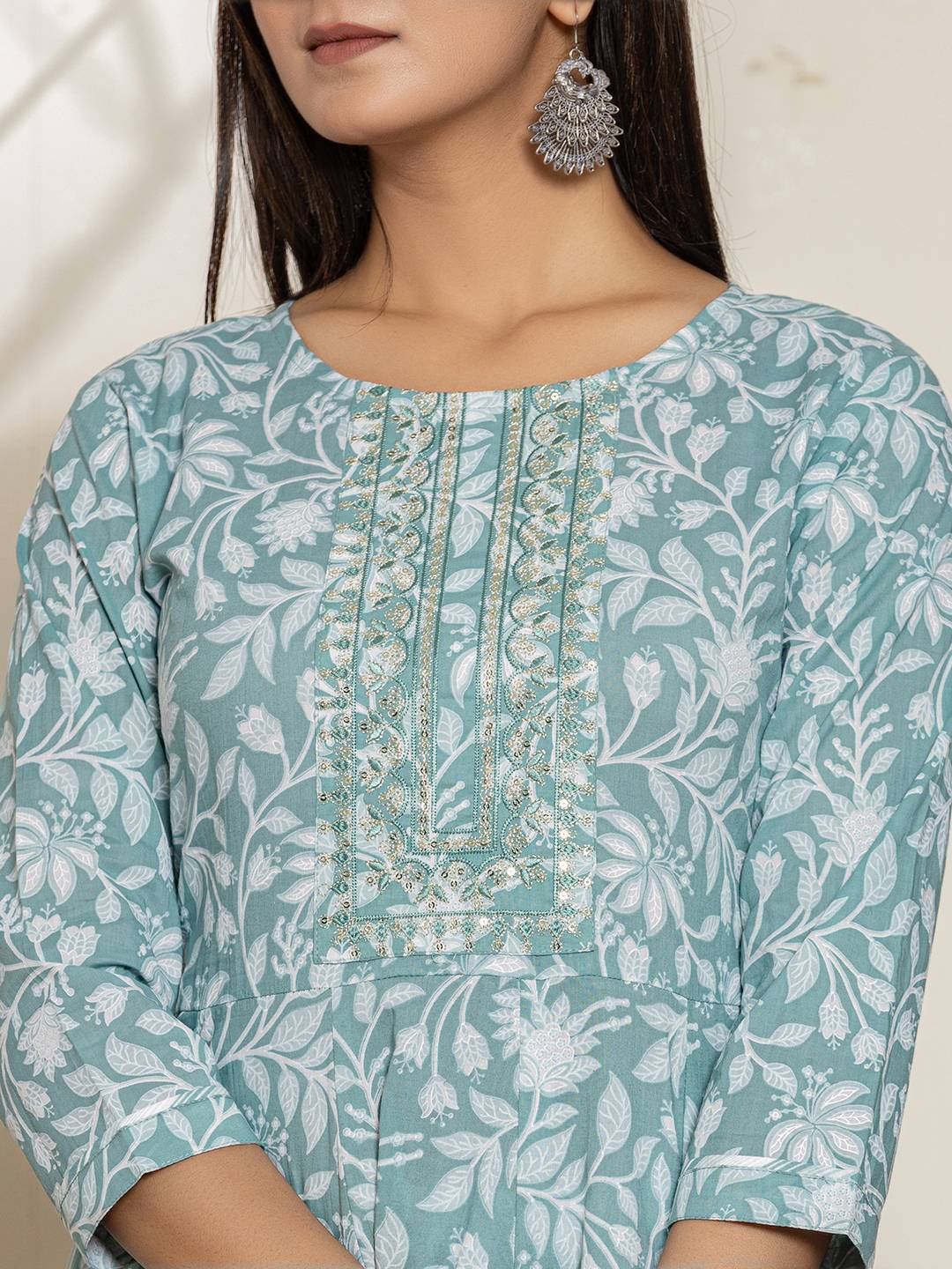 Green Sequins Workthread Work Cotton Anarkali Kurta And Trouser With Dupatta