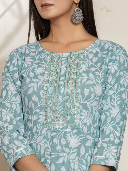 Green Sequins Workthread Work Cotton Anarkali Kurta And Trouser With Dupatta