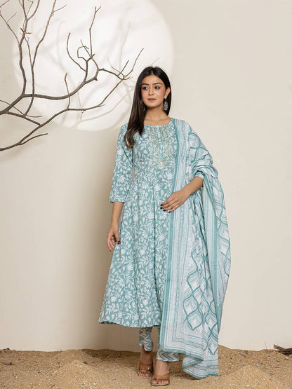 Green Sequins Workthread Work Cotton Anarkali Kurta And Trouser With Dupatta