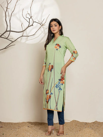 Green Silk Blend Digital Print Kurta