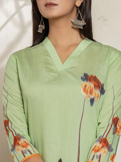 Green Silk Blend Digital Print Kurta