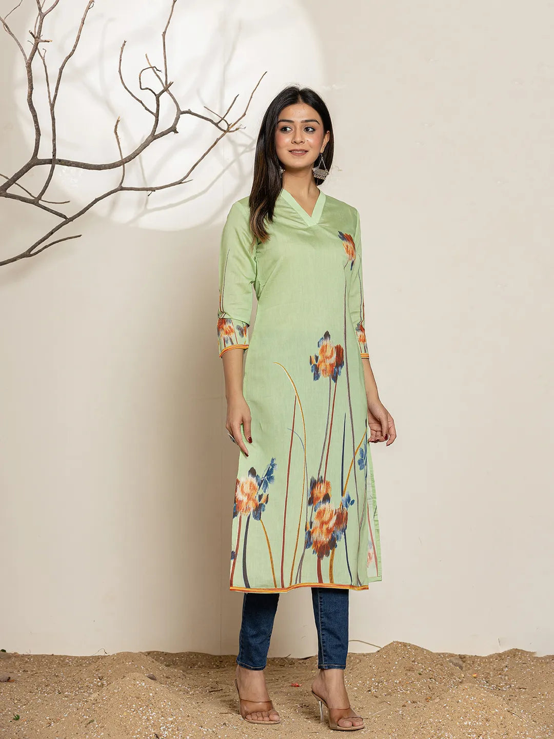 Green Silk Blend Digital Print Kurta