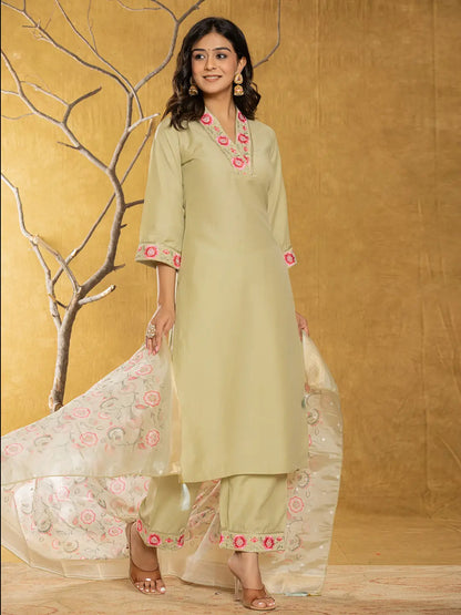 Green Silk Blend Pakistani Style Kurta Dupatta Set
