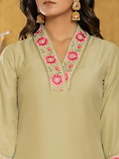 Green Silk Blend Pakistani Style Kurta Dupatta Set
