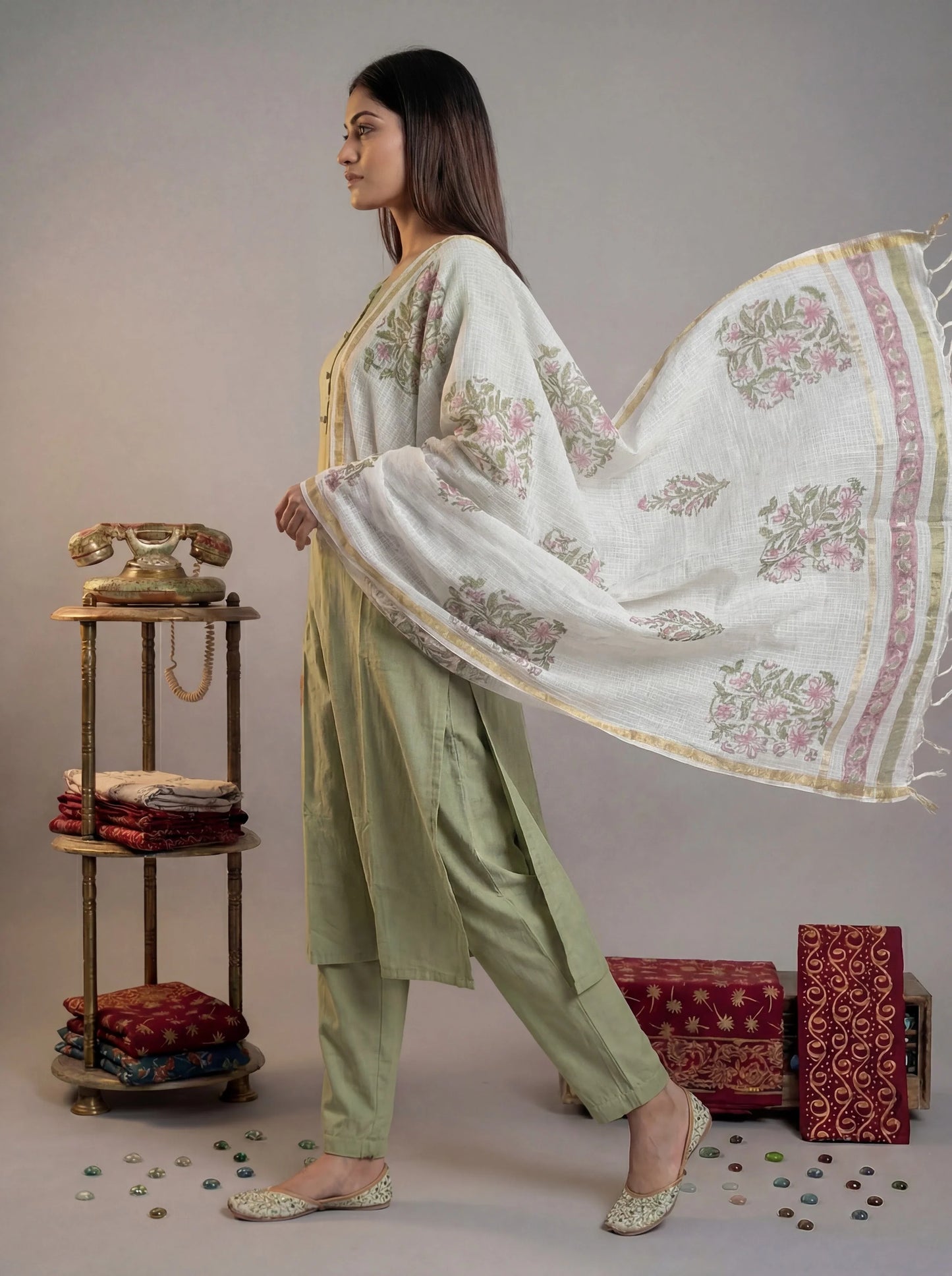 Silk Blend Straight Kurta Pant With Handblock Print Kota Doriya Dupatta Set