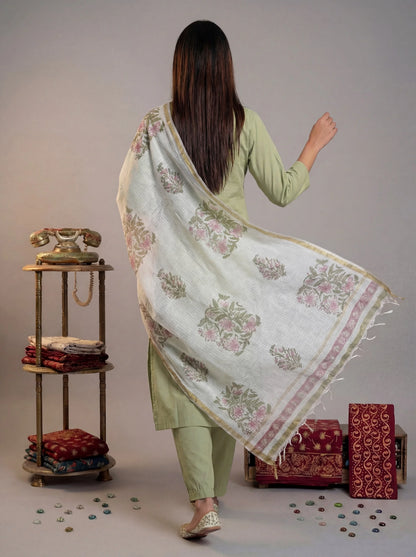 Silk Blend Straight Kurta Pant With Handblock Print Kota Doriya Dupatta Set