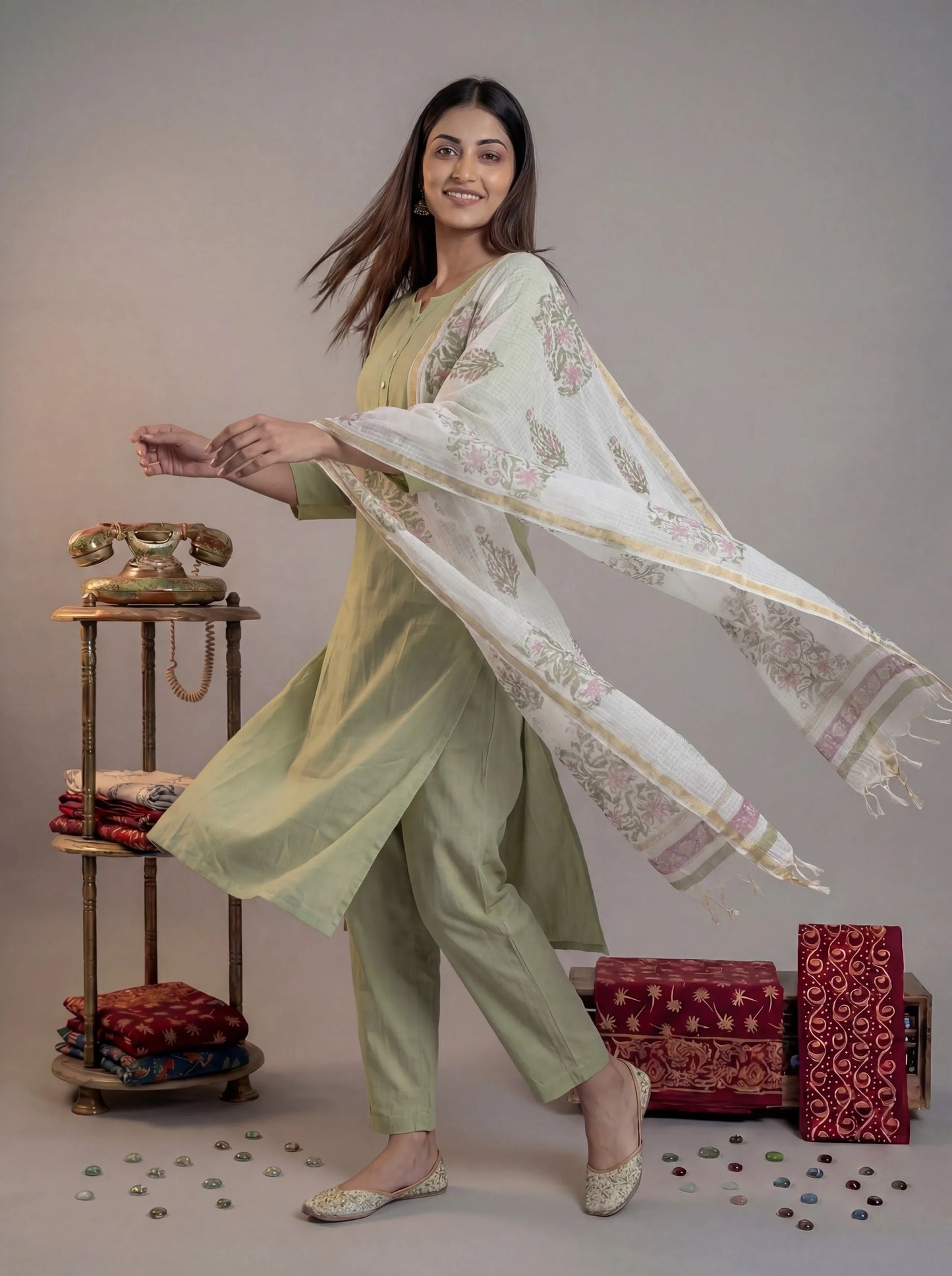 Silk Blend Straight Kurta Pant With Handblock Print Kota Doriya Dupatta Set