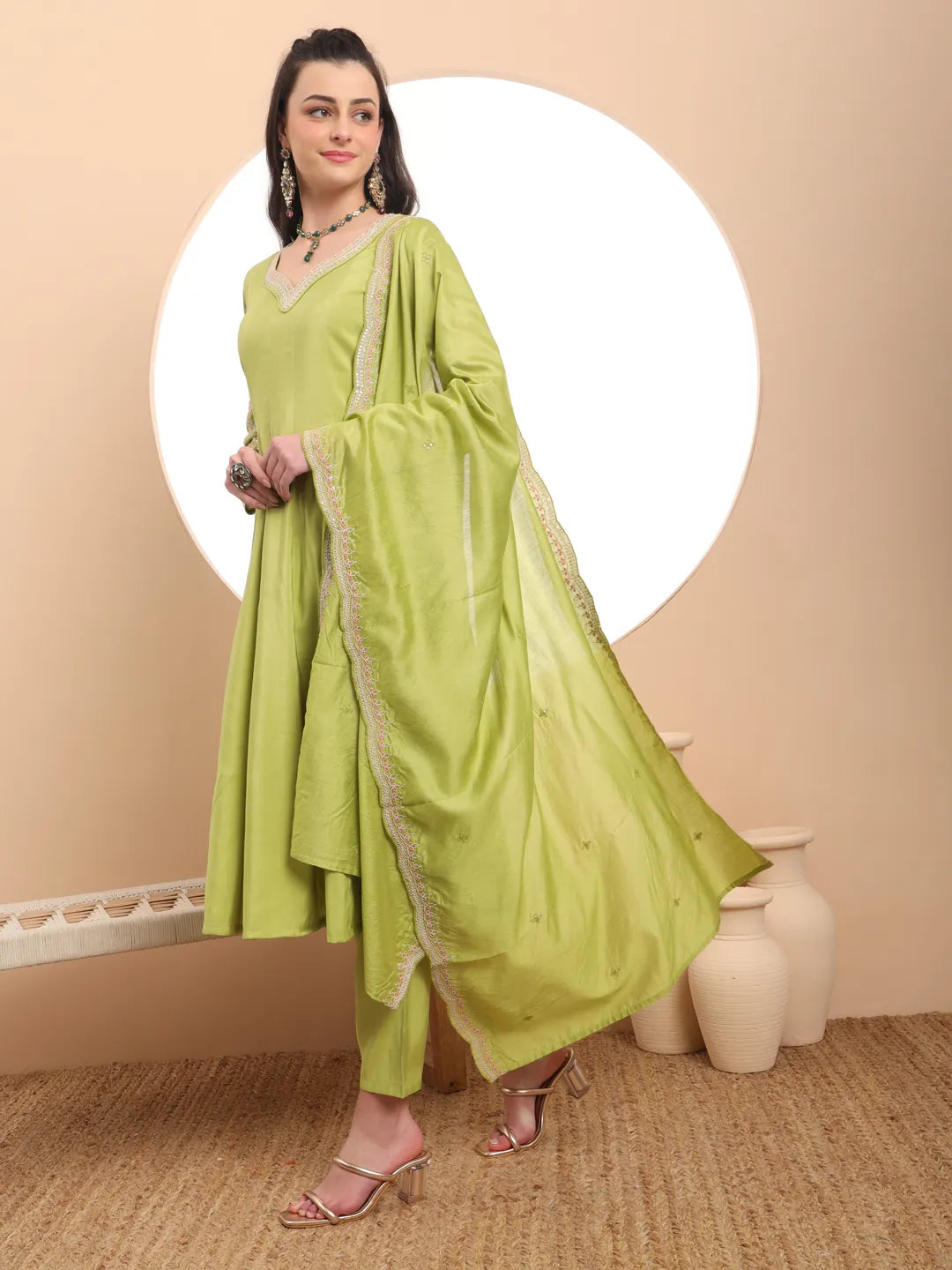 Green Silk Dori Embroidery Anarkali Kurta Dupatta Pant Set