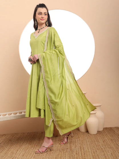 Green Silk Dori Embroidery Anarkali Kurta Dupatta Pant Set