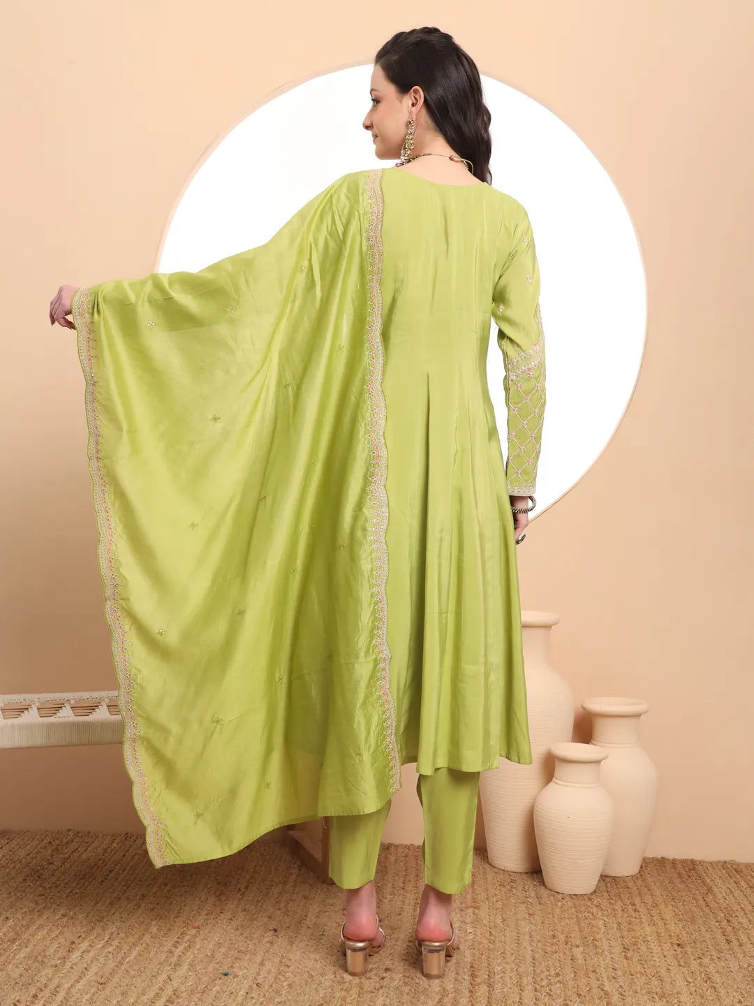 Green Silk Dori Embroidery Anarkali Kurta Dupatta Pant Set