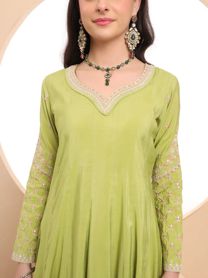 Green Silk Dori Embroidery Anarkali Kurta Dupatta Pant Set