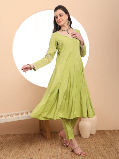 Green Silk Dori Embroidery Anarkali Kurta Dupatta Pant Set
