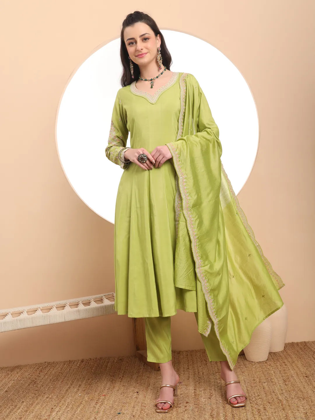 Green Silk Dori Embroidery Anarkali Kurta Dupatta Pant Set