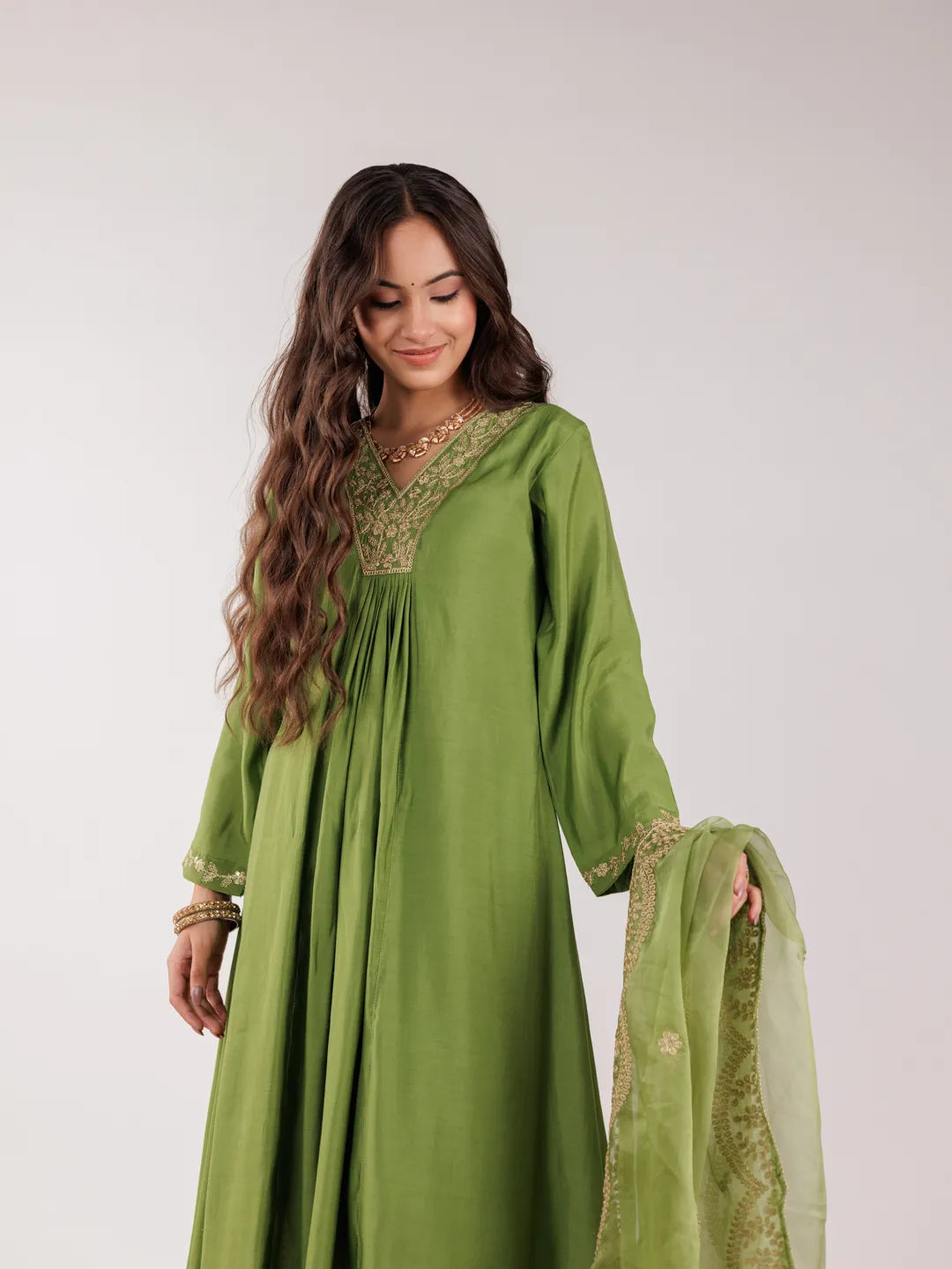 Green Silk Embroidered Kurta Dupatta Set