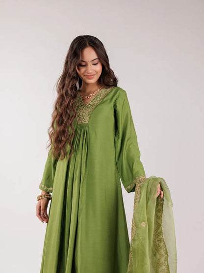 Green Silk Embroidered Kurta Dupatta Set
