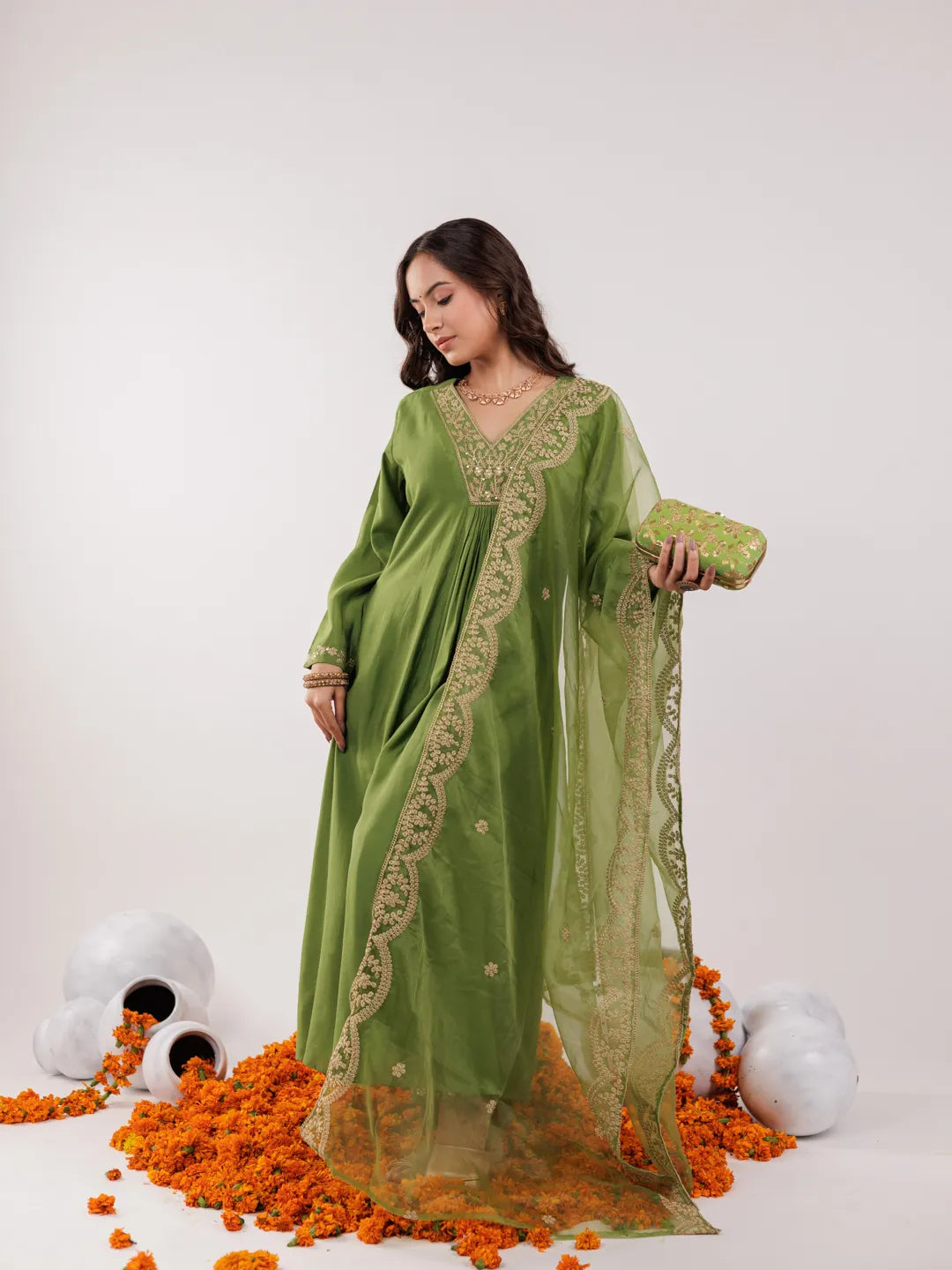 Green Silk Embroidered Kurta Dupatta Set