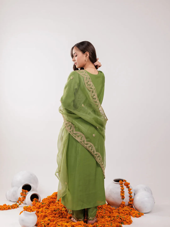 Green Silk Embroidered Kurta Dupatta Set
