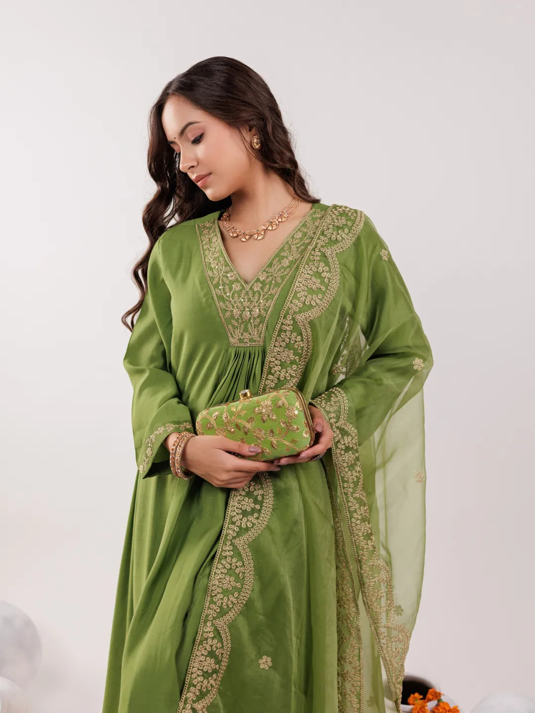 Green Silk Embroidered Kurta Dupatta Set