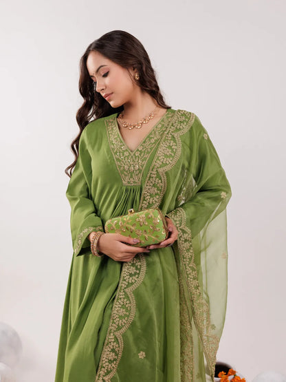 Green Silk Embroidered Kurta Dupatta Set