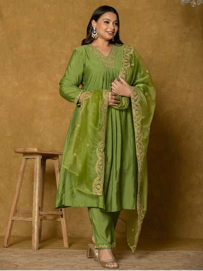 Green Silk Embroidered Plus Size Kurta Dupatta Set