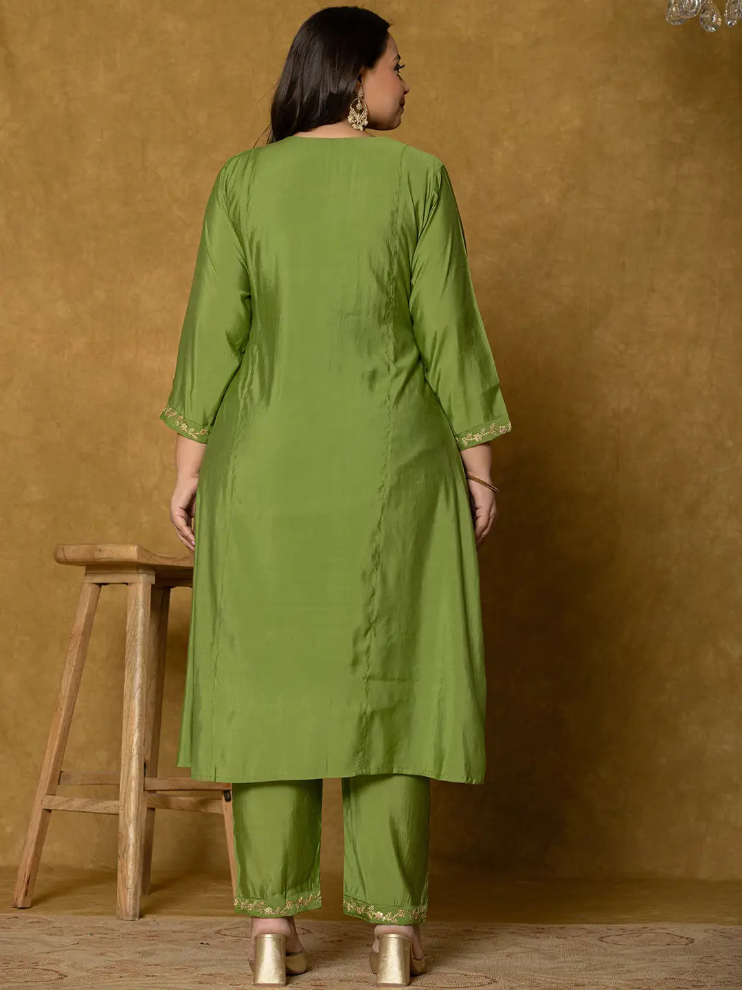Green Silk Embroidered Plus Size Kurta Dupatta Set