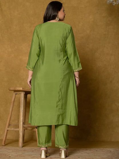 Green Silk Embroidered Plus Size Kurta Dupatta Set