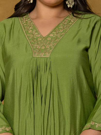 Green Silk Embroidered Plus Size Kurta Dupatta Set