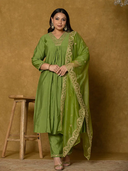 Green Silk Embroidered Plus Size Kurta Dupatta Set