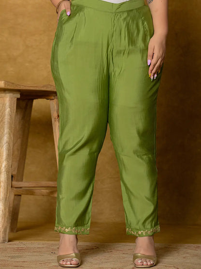 Green Silk Embroidered Plus Size Kurta Dupatta Set