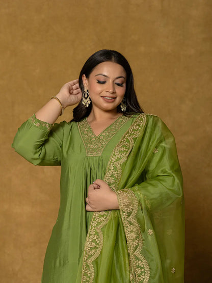Green Silk Embroidered Plus Size Kurta Dupatta Set
