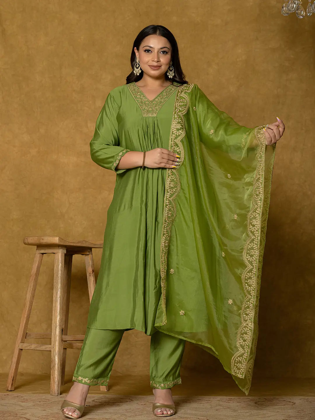 Green Silk Embroidered Plus Size Kurta Dupatta Set
