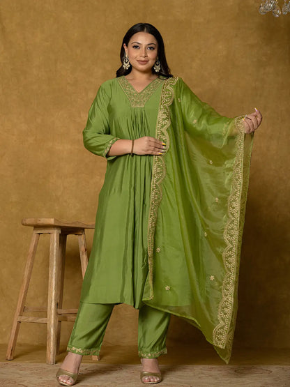 Green Silk Embroidered Plus Size Kurta Dupatta Set
