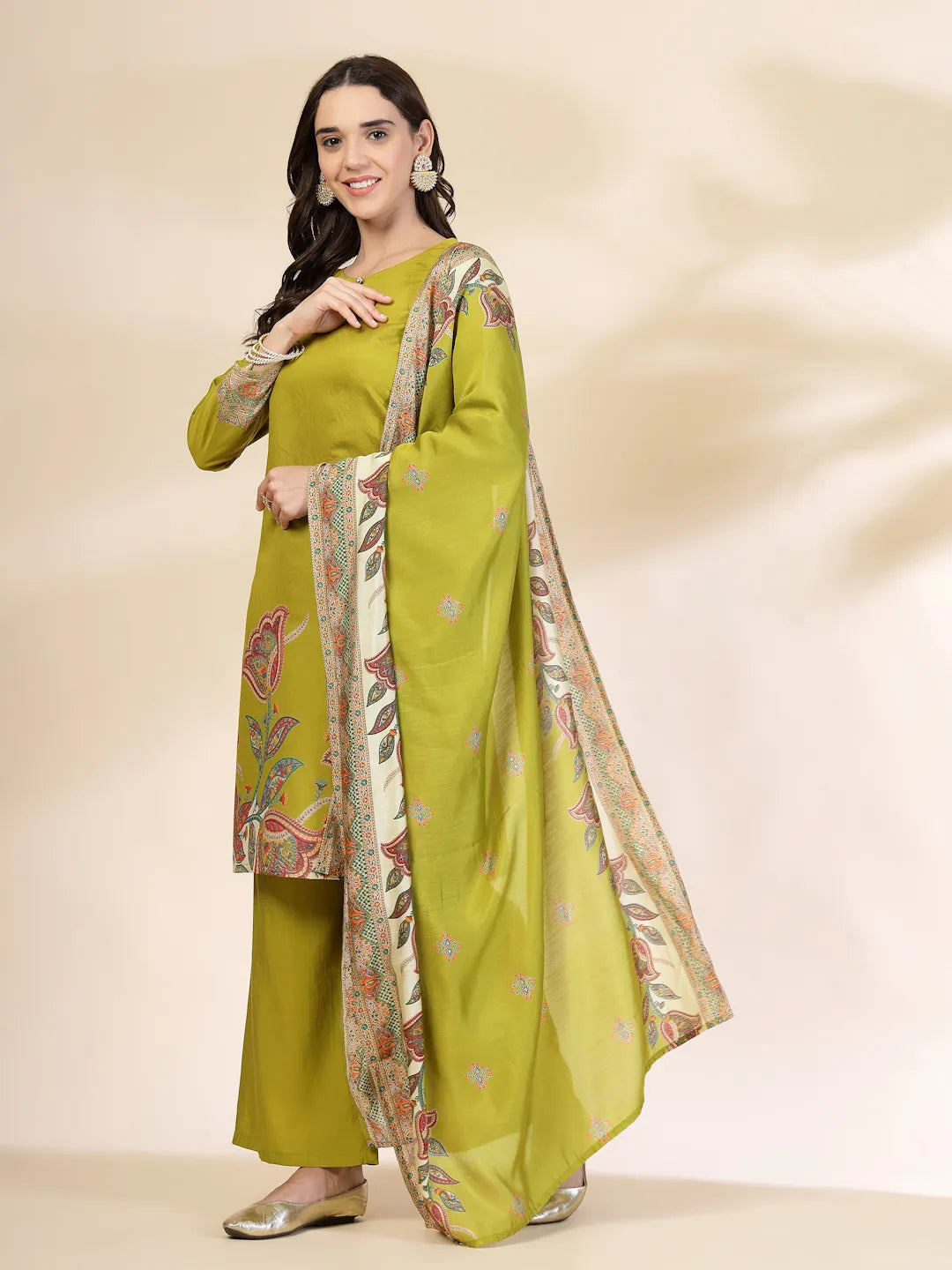 Green Silk Straight Kurta With Palazzo Dupatta Set