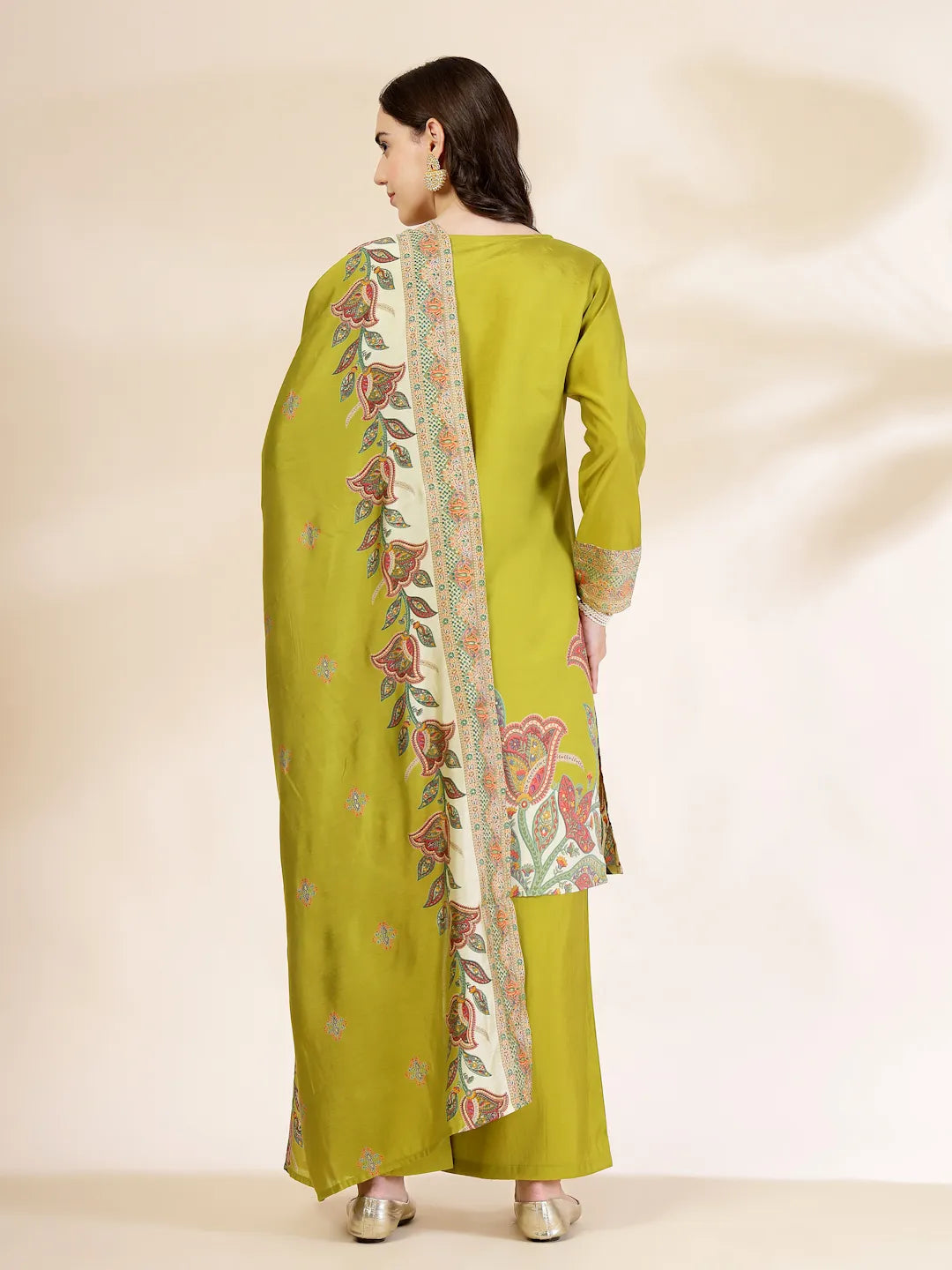 Green Silk Straight Kurta With Palazzo Dupatta Set