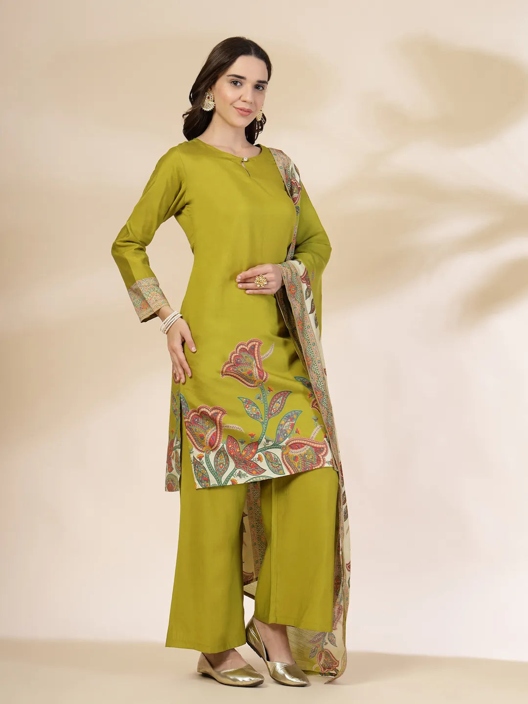 Green Silk Straight Kurta With Palazzo Dupatta Set