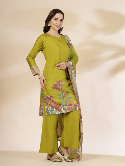 Green Silk Straight Kurta With Palazzo Dupatta Set