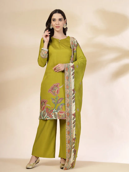 Green Silk Straight Kurta With Palazzo Dupatta Set