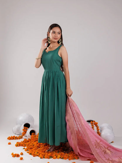 Green Solid Silk Blend Anarkali Kurta Trouser & Dupatta