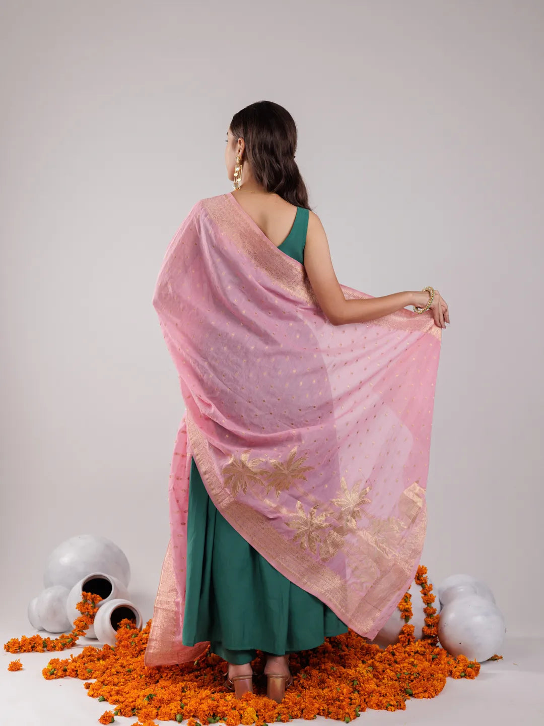 Green Solid Silk Blend Anarkali Kurta Trouser & Dupatta