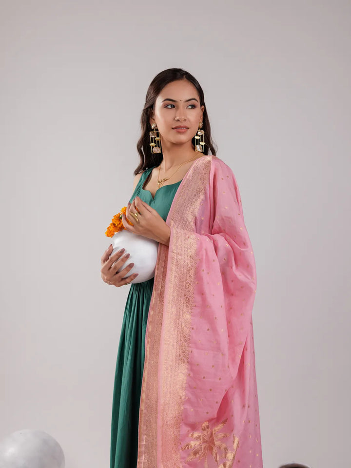 Green Solid Silk Blend Anarkali Kurta Trouser &amp; Dupatta