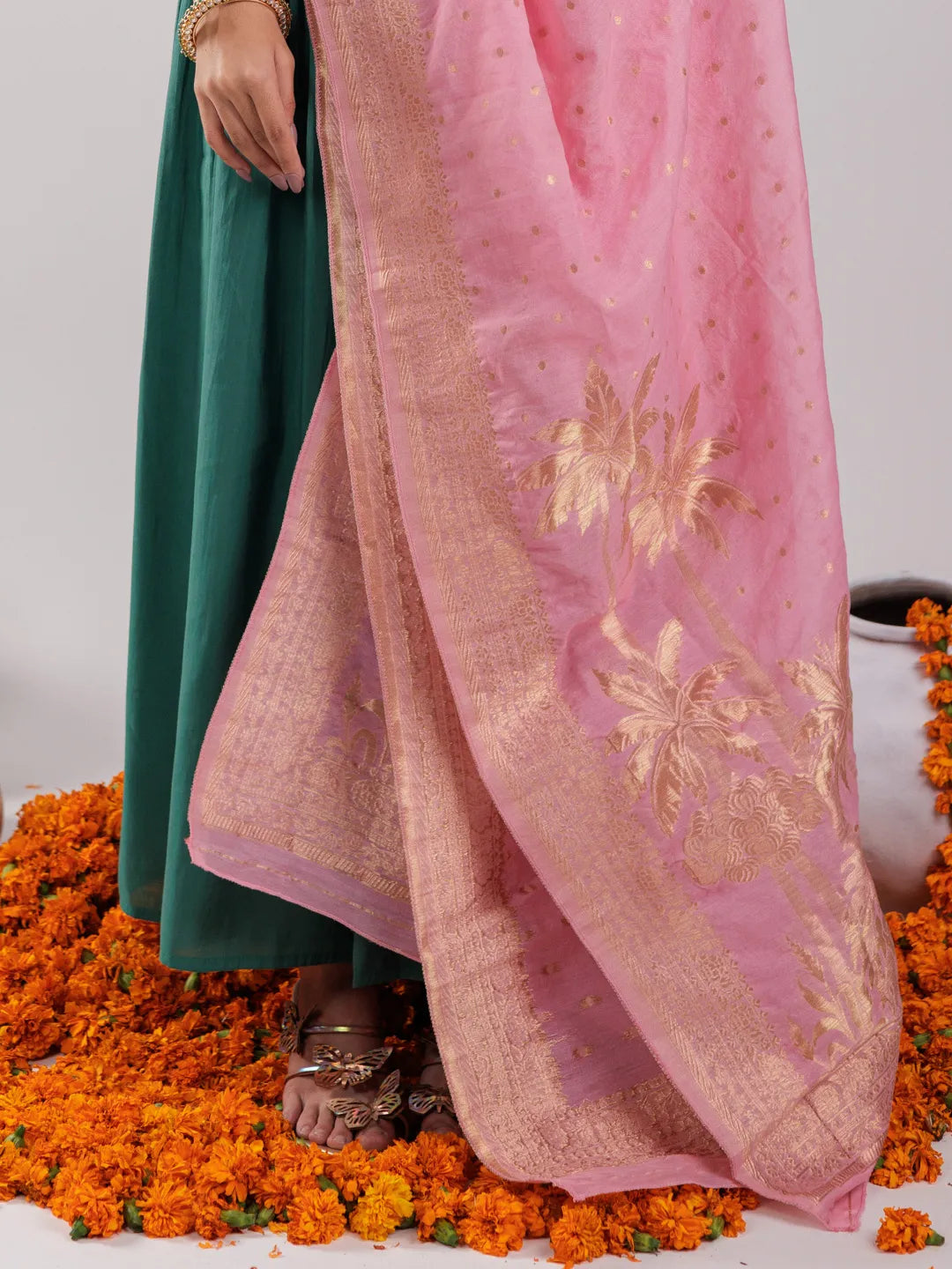 Green Solid Silk Blend Anarkali Kurta Trouser &amp; Dupatta