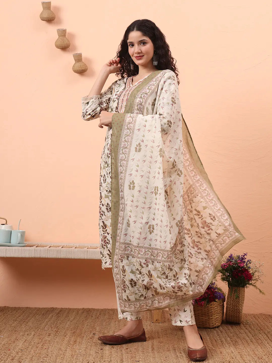 Green Straight Thread Work Kurta Trouser Dupatta Set